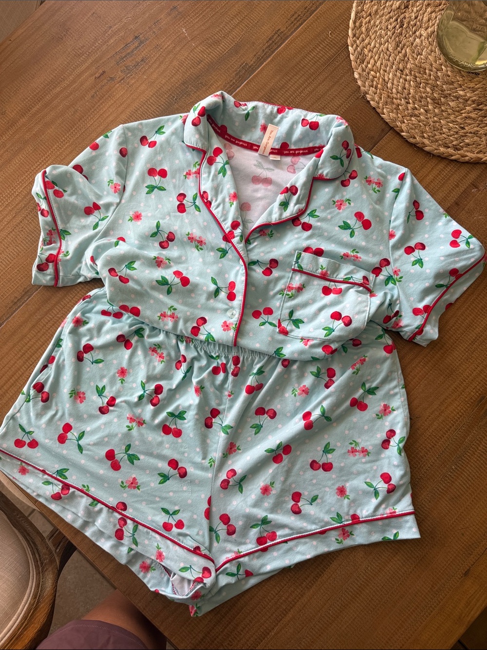 New Women’s Light Blue Cherry-Print Short Pajama Set